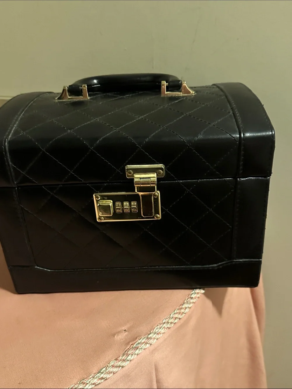 Quilted Black Leather Train Case with Gold Hardware